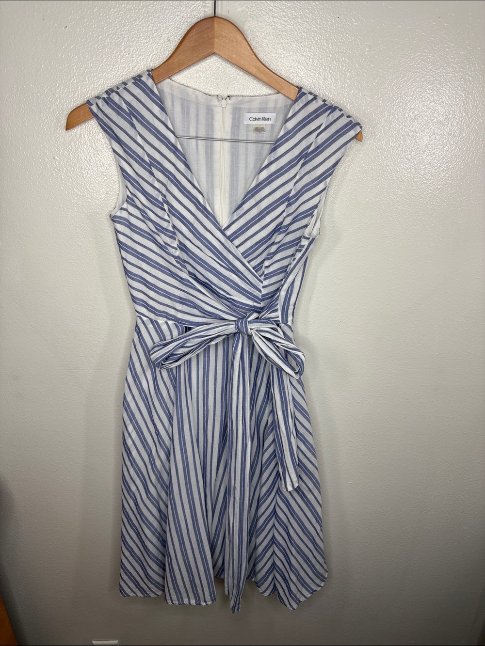Calvin Klein Blue White Striped Fit Flare Sleeveless Dress Women Size 4